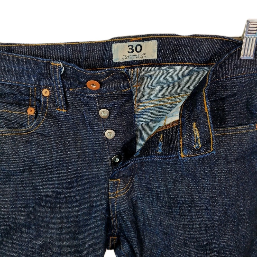 Tellason Stock Jeans Men 30x28.5 Blue Straight Leg Dark Buttonfly Denim Made USA - Picture 2 of 8